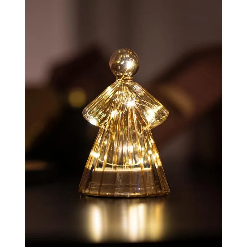 LED světelný anděl, skleněný, zlatý,15 cm