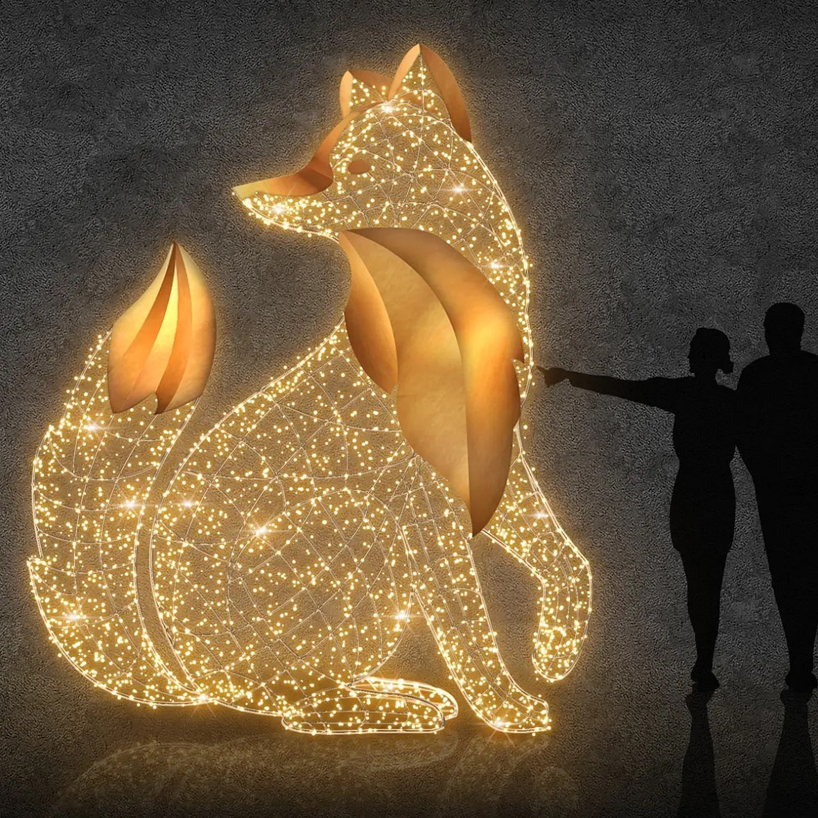 3D LED světelná liška sedící 280 × 300 × 170 cm, teple bílá, 36 V, 72,4 W, 4 dílů