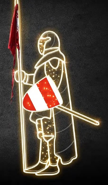 2D LED světelný rytíř VII, 245 x 110 cm, teple bílá, 36 V, 26,5 W, 10 kg, 4 díly, štít v levé ruce, stojící