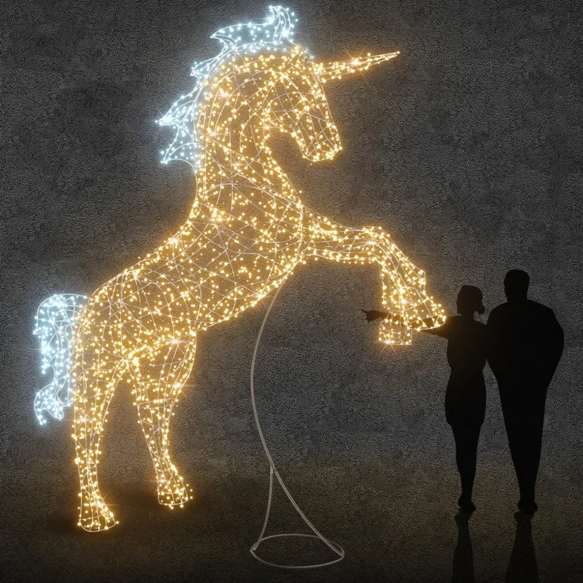 3D LED světelný jednorožec, 360 × 400 × 97 cm, teple a ledově bílá, 36V, 41 W, 35,4 kg, ze 3 dílů
