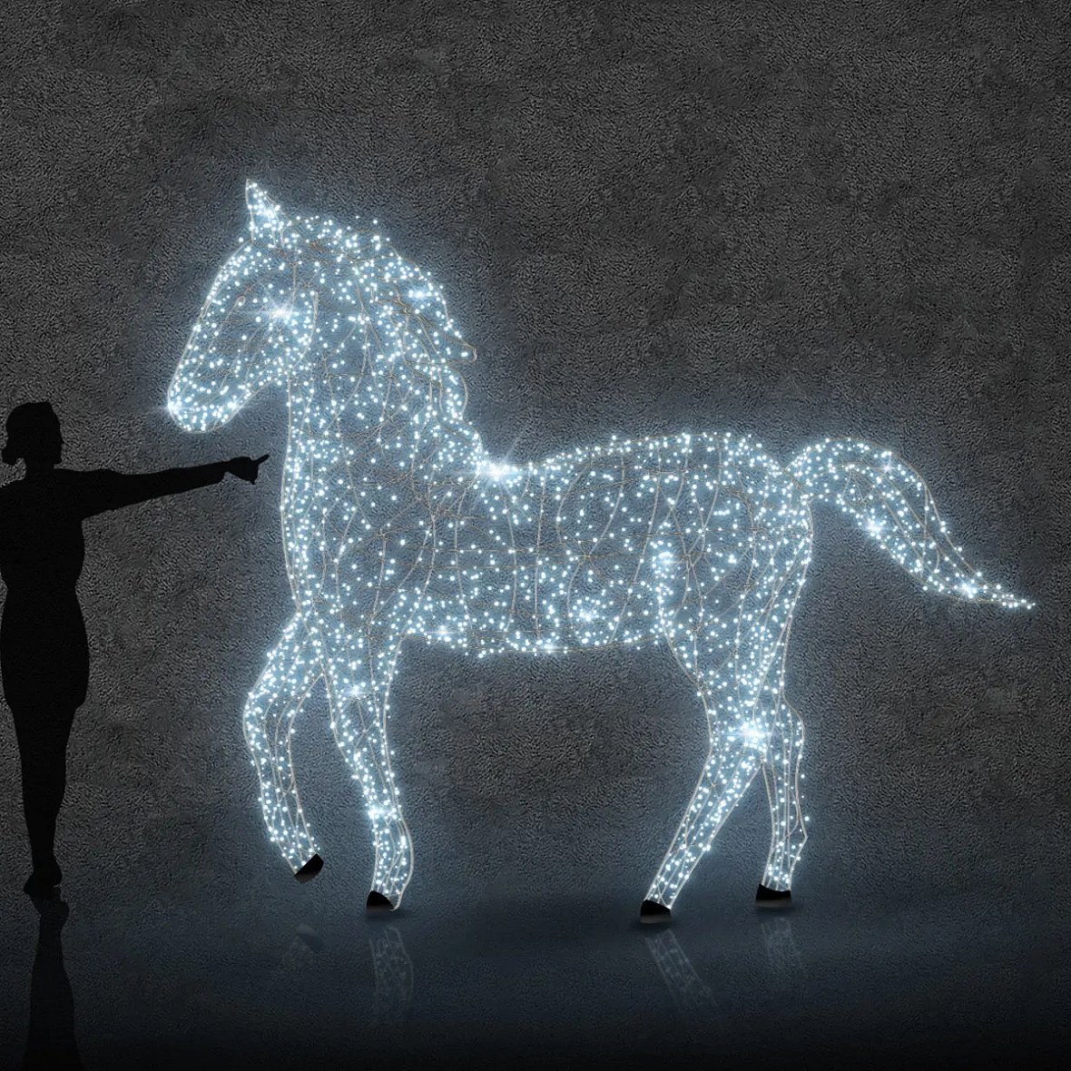 3D LED světelný kůň, 250 cm, ledově bílá, 24 V, 56,1 W, 32 kg, ze 2 dílů