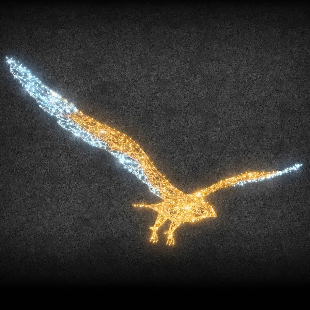 3D LED světelný orel, 440 × 45 × 130 cm, teple a ledově bílá, 36 V, 41,4 W, 21,2 kg, ze 4 dílů