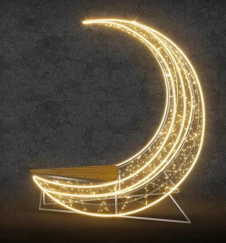 LED světelná lavička ve tvaru měcíce, 200 x 194 x 80 cm teple bílá, 230V, 99,9 W, 29 kg