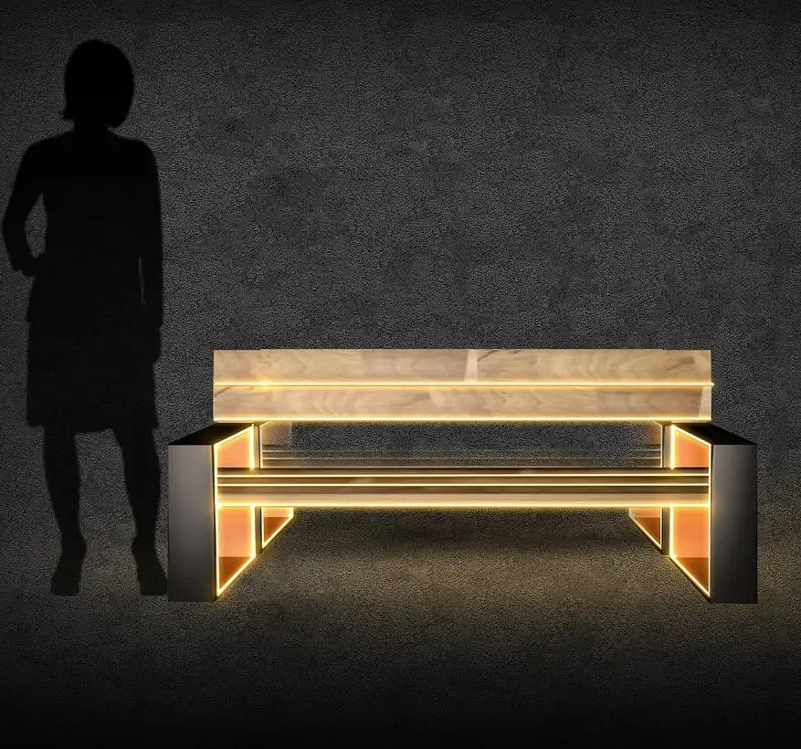 LED světelná lavička, 150 x 85 x 40 cm, teple bílá, lakovaná,