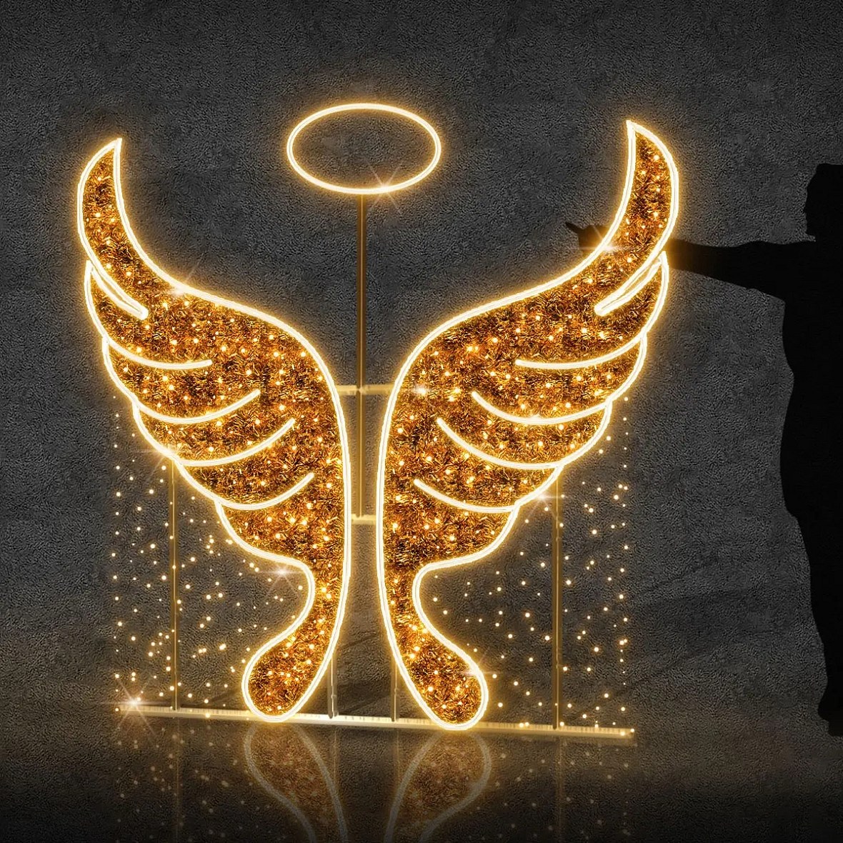 3D LED andělská křídla, 200 × 180 cm, teple bílá, 230 V, 121 W, ze 3 dílů