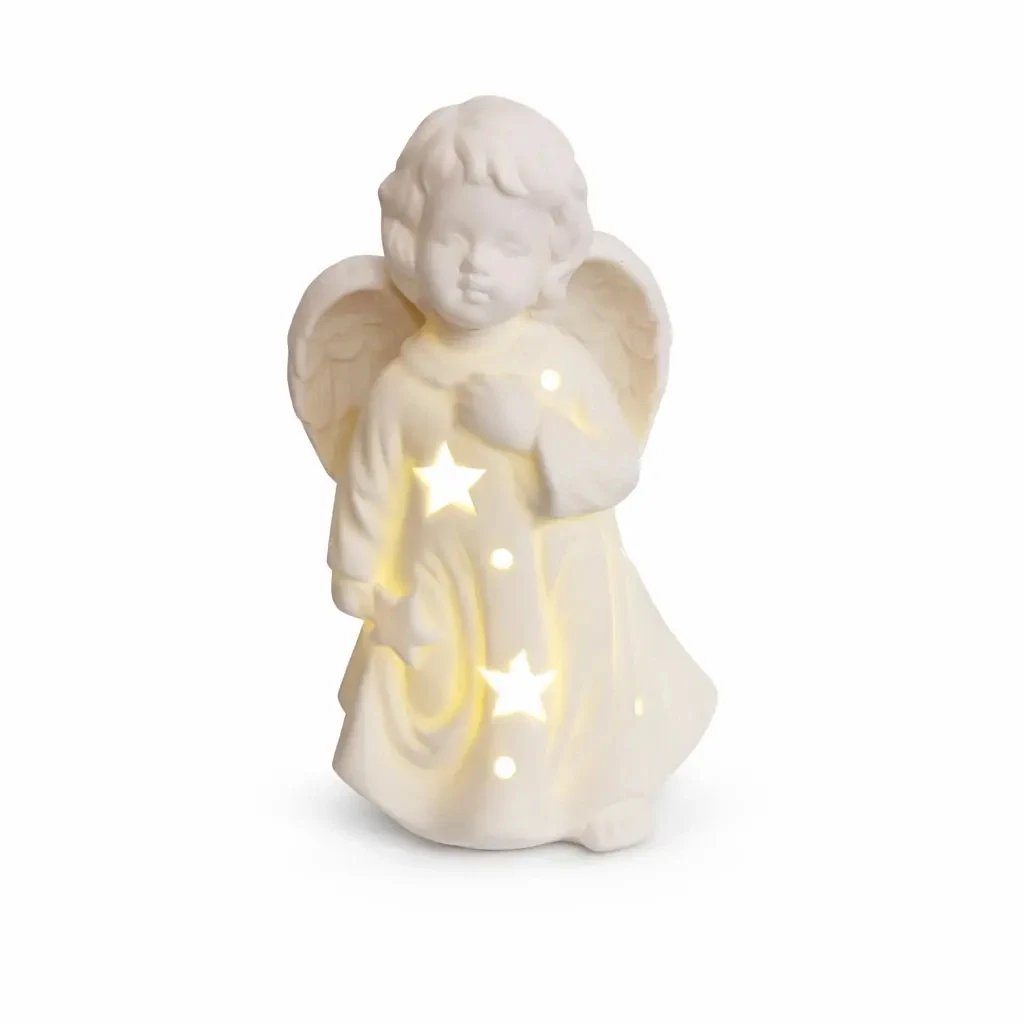 LED keramický andílek s hvězdou v ruce 9,3 × 7,6 × 14,9 cm, teple bílá, 3×LR44