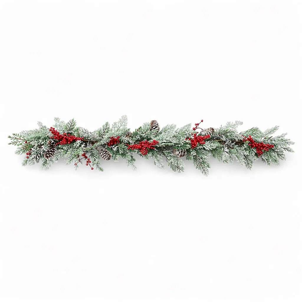 3D umělá vánoční girlanda na stůl s jehličím a červenými bobulemi, 270 × 15 cm, ojíněná