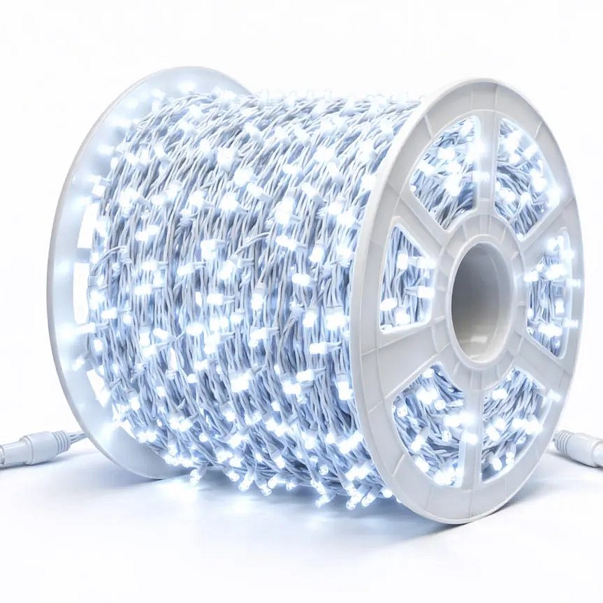 LED světelný řetěz 100 m venkovní, 2000 ledově bílých diod, bílý kabel, IP44