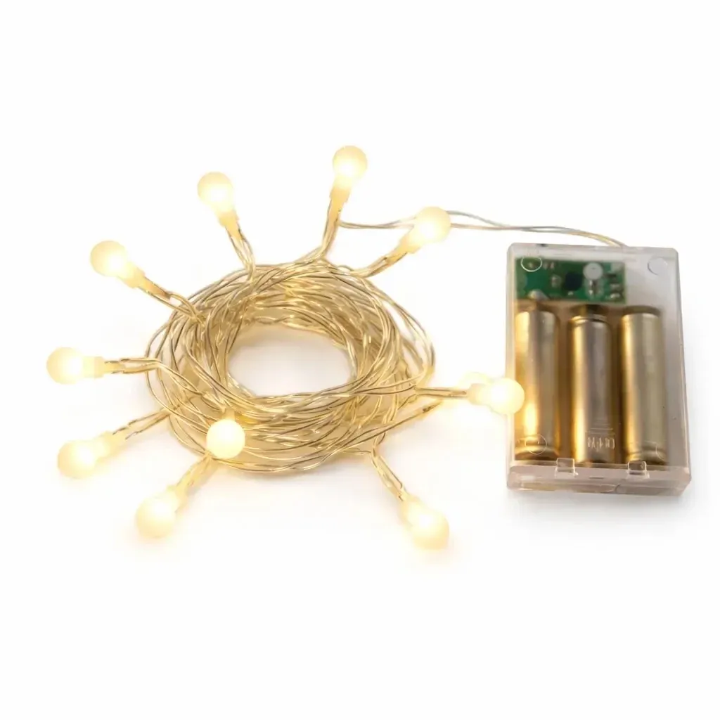 LED světýlka na baterie 2,1 m teple bílá, 10 diod, čirý kabel IP20 interiér, 3× AA