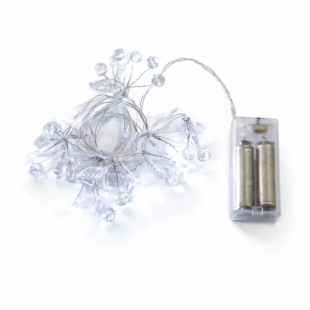 LED světýlka na baterie krystalky 1,3 m ledově bílá, 10 diod, čirý kabel IP20 interiér, 2× AA