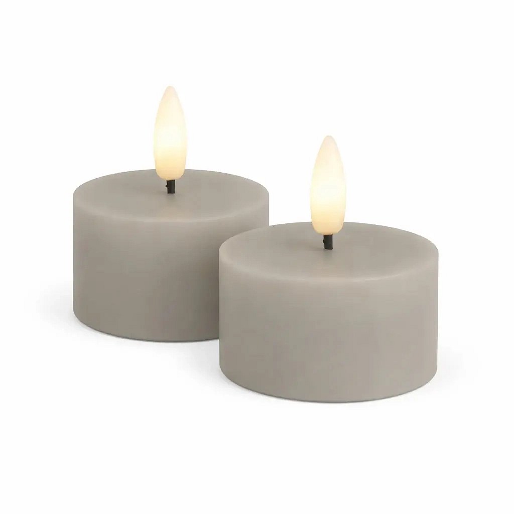 Sada LED čajové svíčky na baterie Sille Tealight, Ø 6 × 3,4 cm, teple šedá, z pravého vosku, balení 2 ks