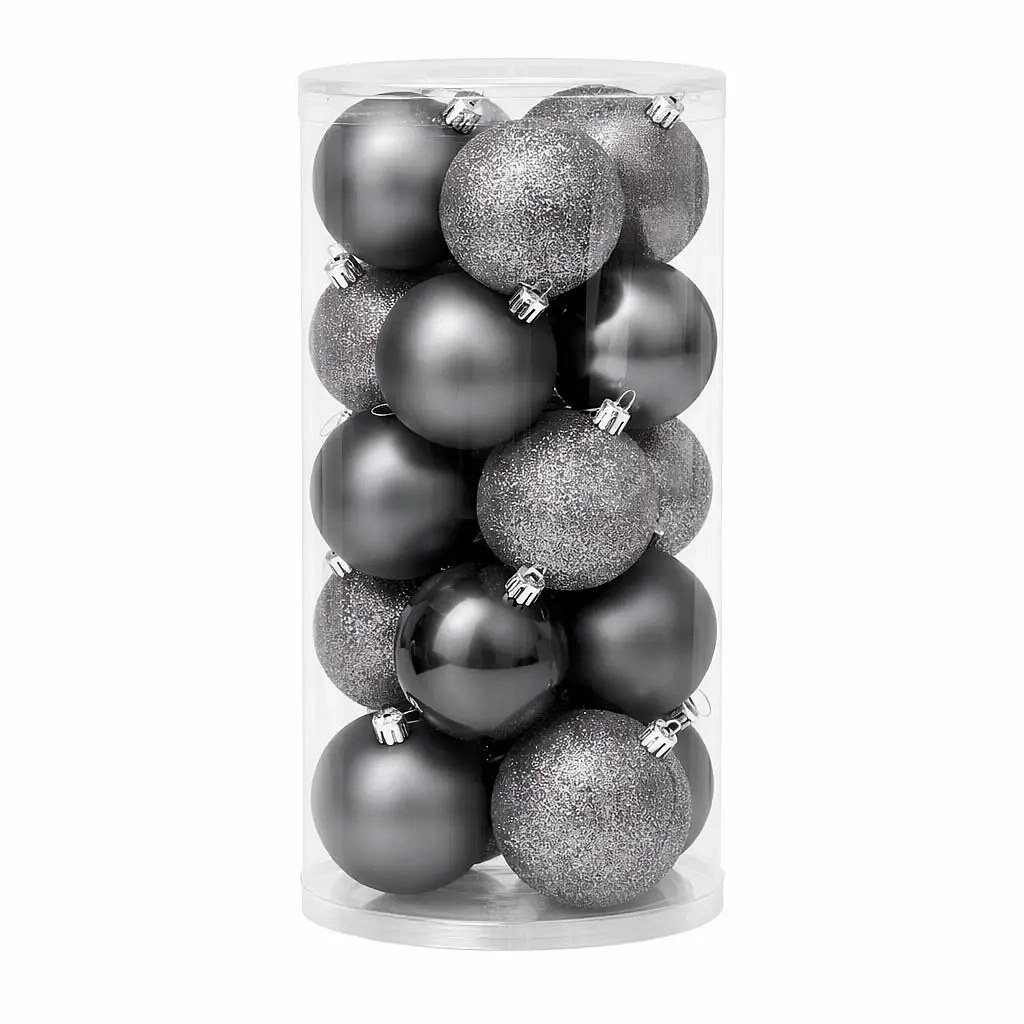 Sada vánočních ozdob šedá 8 cm plastové koule, 12× matná, 12× glitter, balení 24 baněk