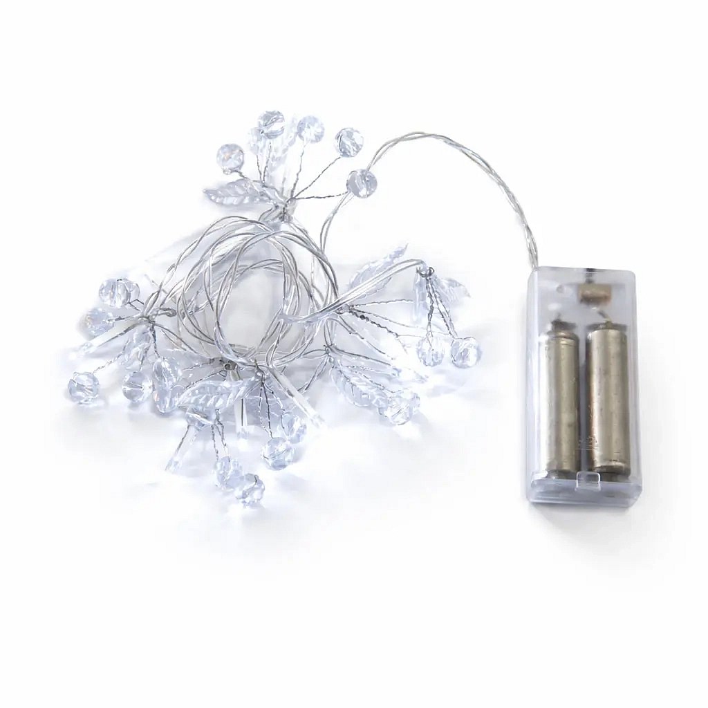LED světýlka na baterie krystalky 1,3 m ledově bílá, 10 diod, čirý kabel IP20, 2× AA