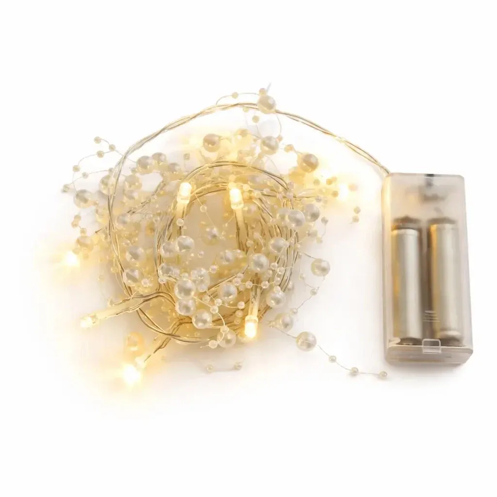 LED světýlka na baterie bílé perly 1,3 m, teple bílá, 10 diod, čirý kabel IP20 interiér, 2× AA