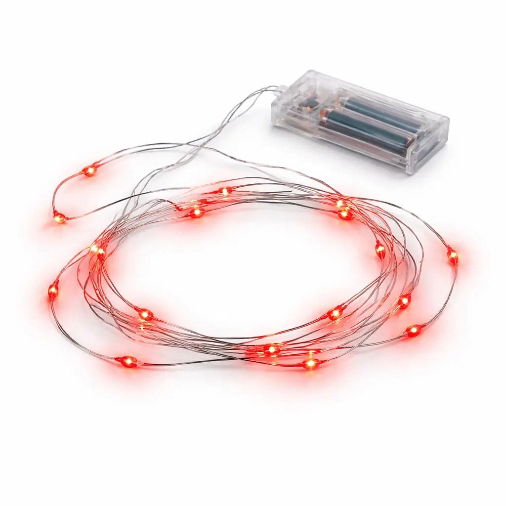 LED světelný řetěz na baterie červená, 2,3 m, IP20 interiér, drátek a 20 diod, 3× AA