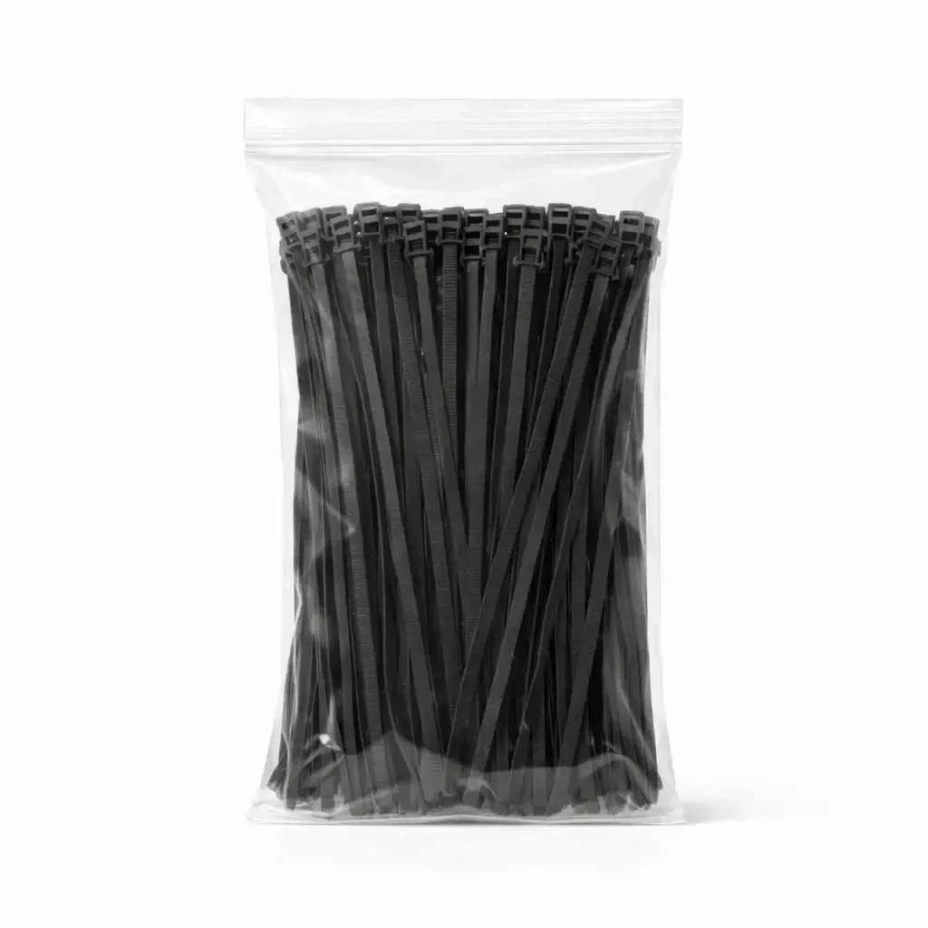 Plastové stahovací pásky 3,6 mm × 20 cm černá univerzální venkovní WKK, balení 100 ks