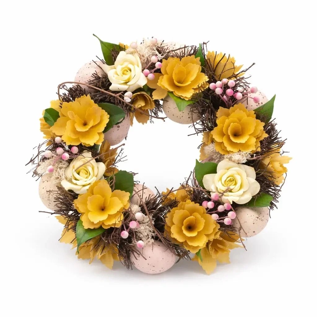 Velikonoční věnec na dveře 30 × 30 × 8 cm, žluté květy, plast, venkovní