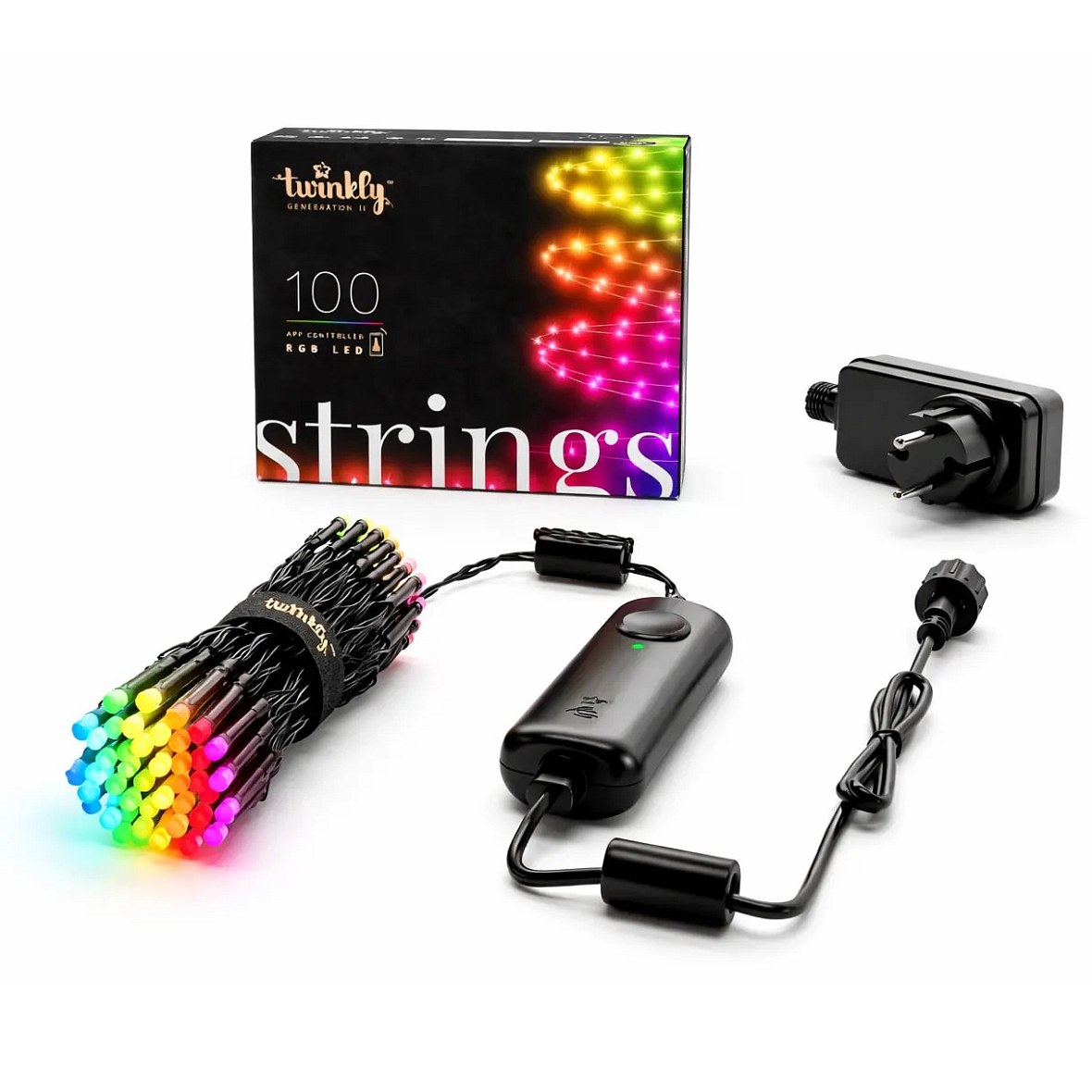 Barevná světýlka venkovní Twinkly strings světelný řetěz 8 m, 100 diod RGB, černý kabel IP44, vč