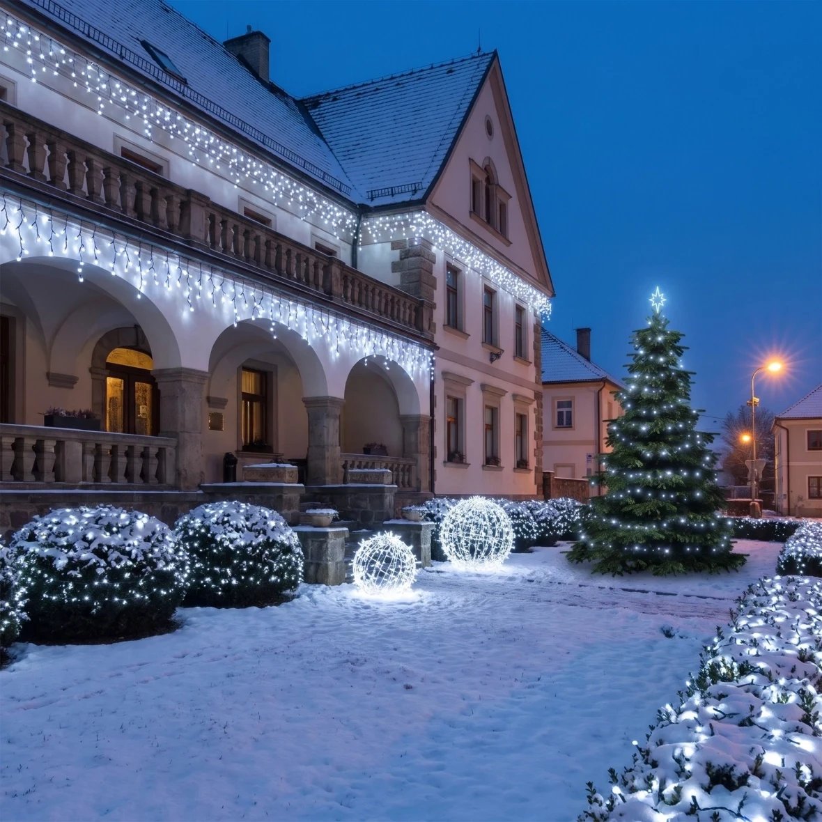 Vánoční sada Ledová fasáda se stromem pro hotely, hotel na náměstí s podloubím