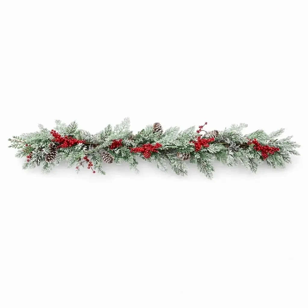 3D umělá vánoční girlanda na stůl s jehličím a červenými bobulemi, 270 × 15 cm, ojíněná