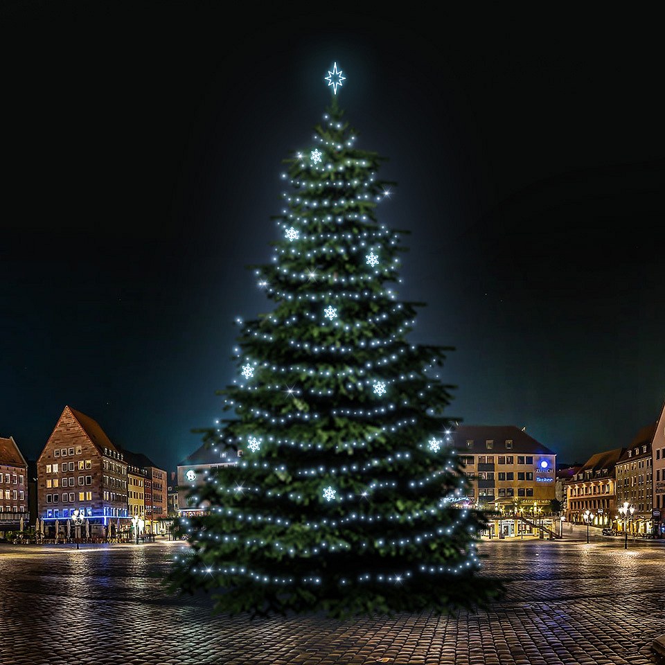 Kit d'éclairage LED pour arbres de Noël 21-23 m de haut, blanc glacier avec décors DZX0EFD05