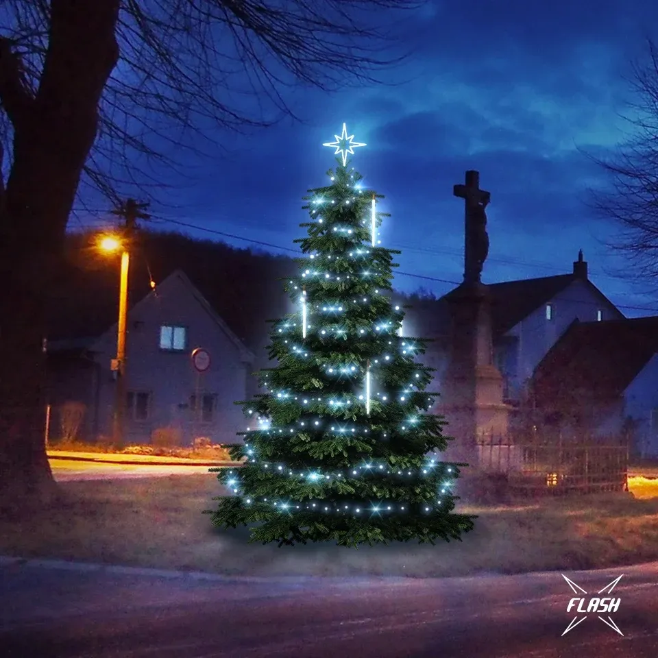 Kit d'éclairage LED pour arbres de 3 à 5 m de haut, blanc glacé avec effet flash et neige tombante
