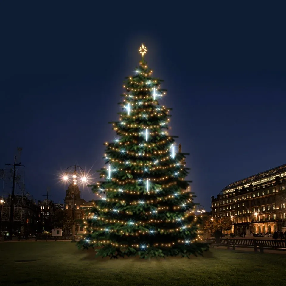 Set d'éclairage LED pour arbres de Noël 12-14m de haut, blanc chaud avec Flash, avec neige tombante