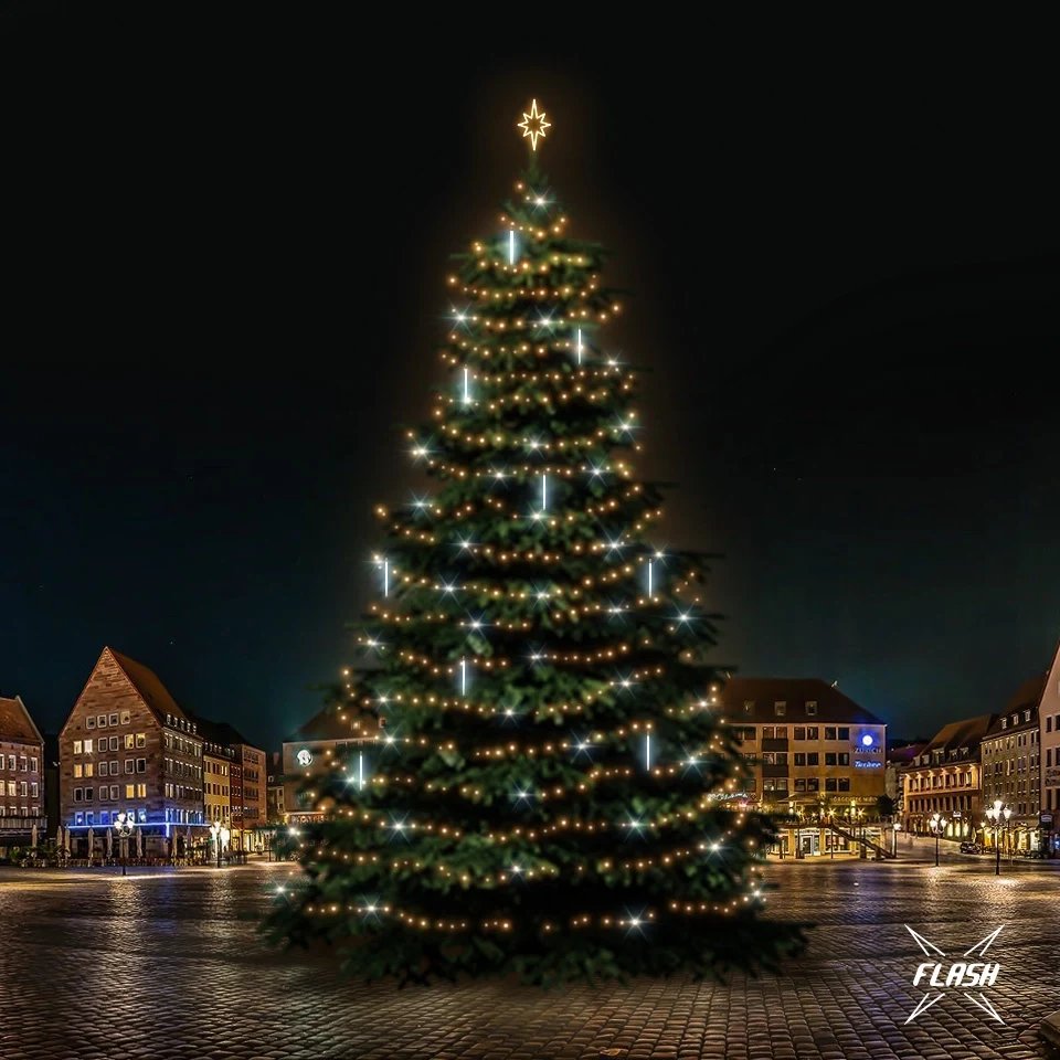Set d'éclairage LED pour arbres de Noël 21-23 m de haut, blanc chaud avec Flash, avec neige tombante