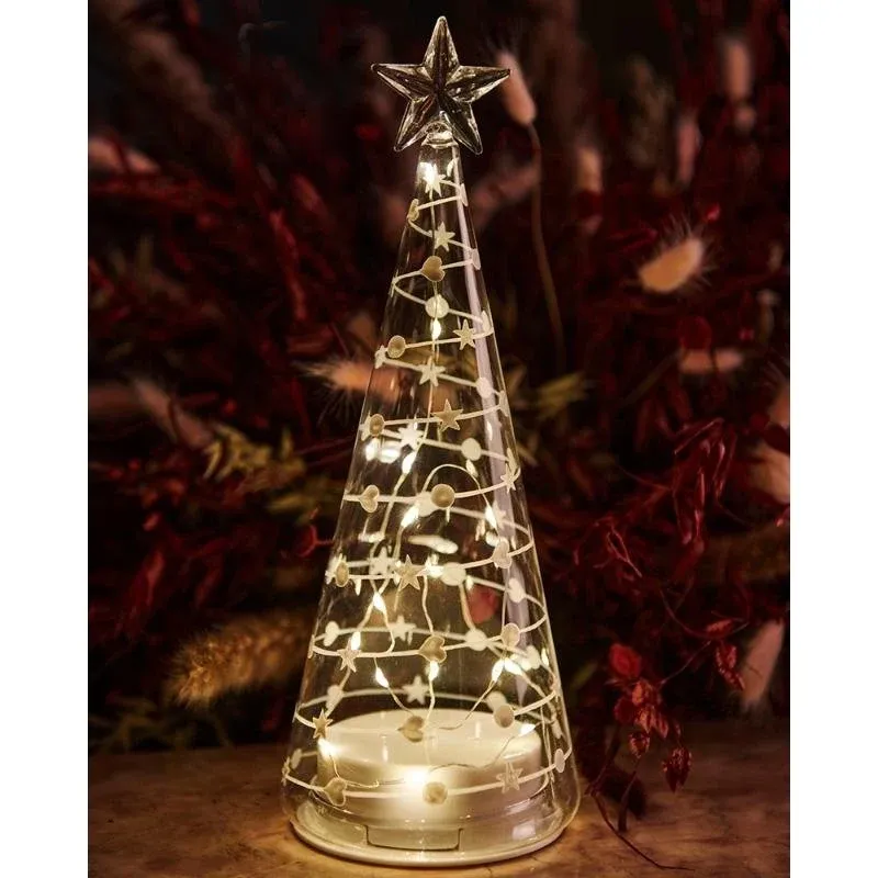 Téléchargé Lampe d'arbre LED en verre, transparente, 26 cm, décor blanc