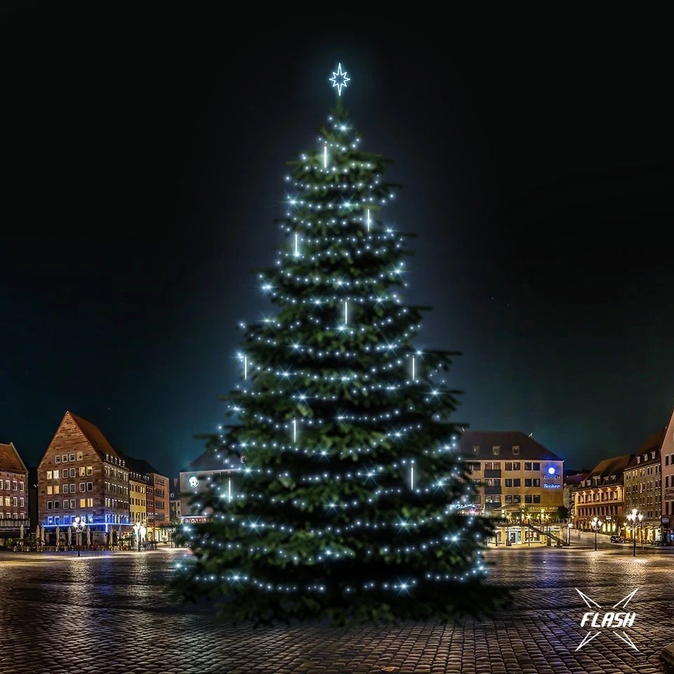 Jeu de lumières LED pour arbre de 21 à 23 m de haut, blanc glacé avec Flash, avec neige tombante