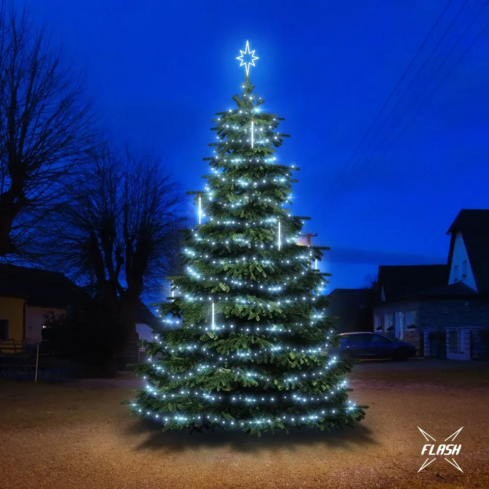 Jeu de lumières LED pour arbre de 6 à 8 m de haut, blanc glacé avec Flash, avec neige tombante
