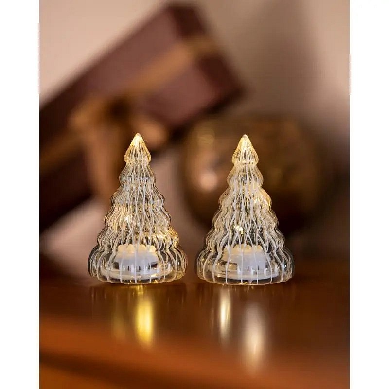 Téléchargé Arbre à lumière LED, verre, set de 2, transparent, 9 cm, avec étoile