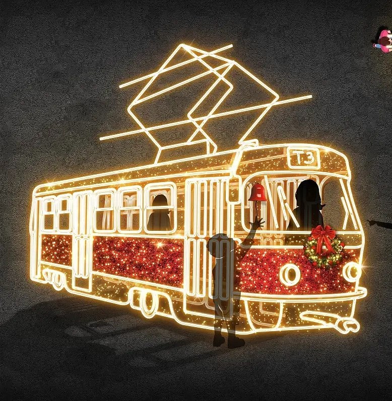 Tramway lumineux 3D à LED, 400 × 360 × 150 cm, blanc chaud, sur pied, aluminium