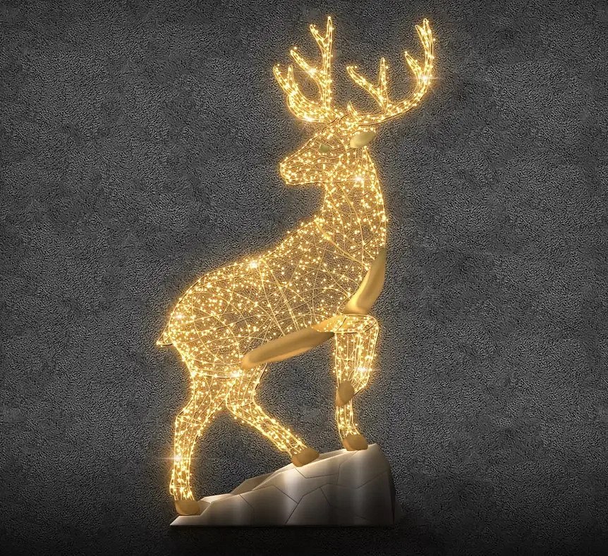 Eco Fix Cerf lumineux 3D LED sur rocher, 380 × 600 × 120 cm, blanc chaud, aluminium