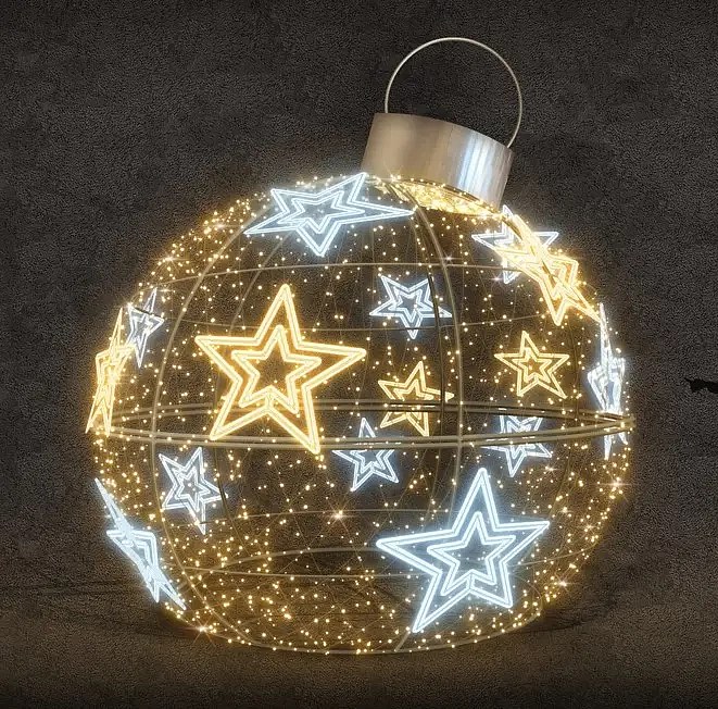 Boule lumineuse LED avec étoiles, diamètre 350 cm, blanc chaud et blanc glacé, 230/24 V, 467 W, 102,6 kg, en 9 parties