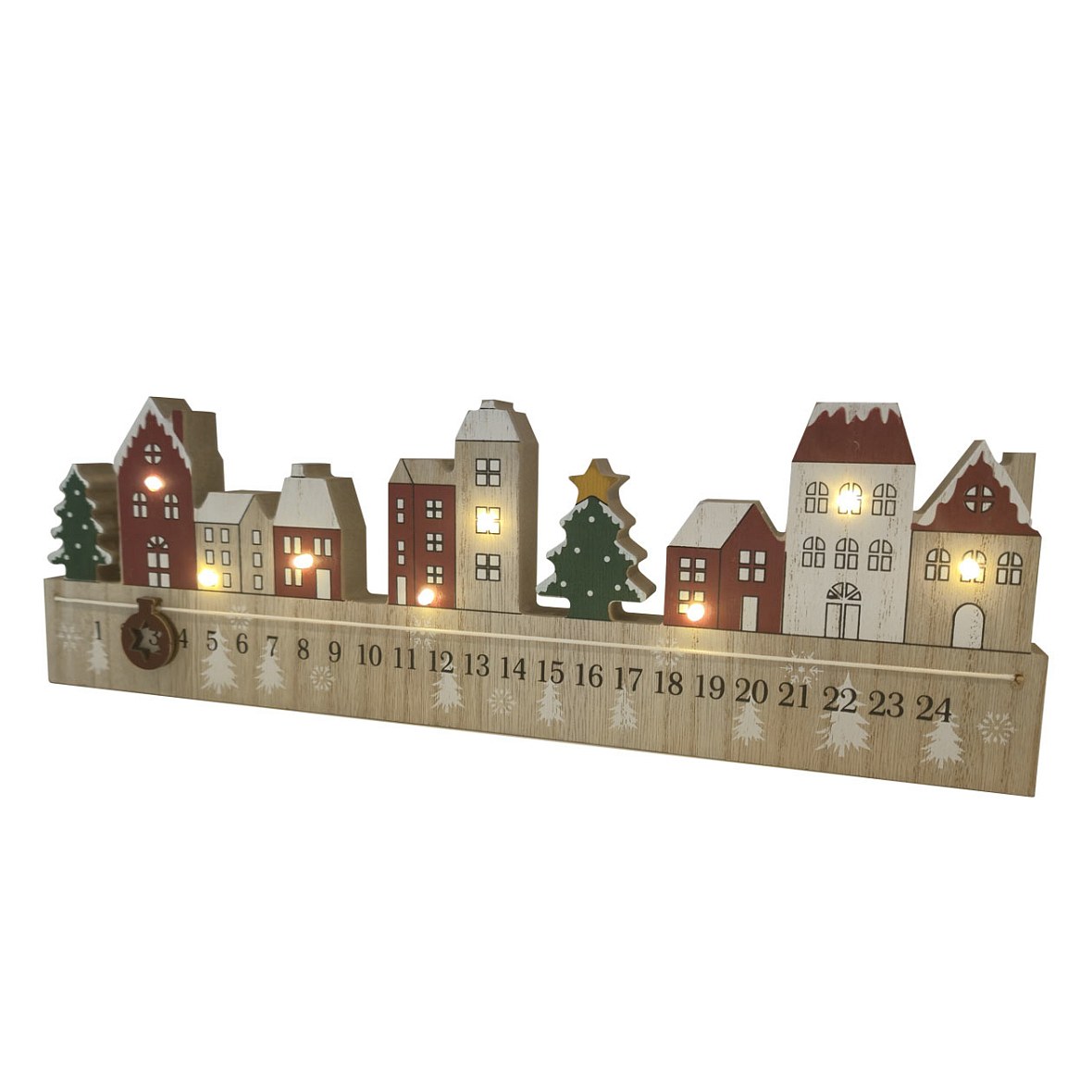 Calendrier de l'Avent à LED, avec fenêtre coulissante, 38 × 12 × 2,7 cm, en bois, coloré, fonctionne avec 2 piles AAA