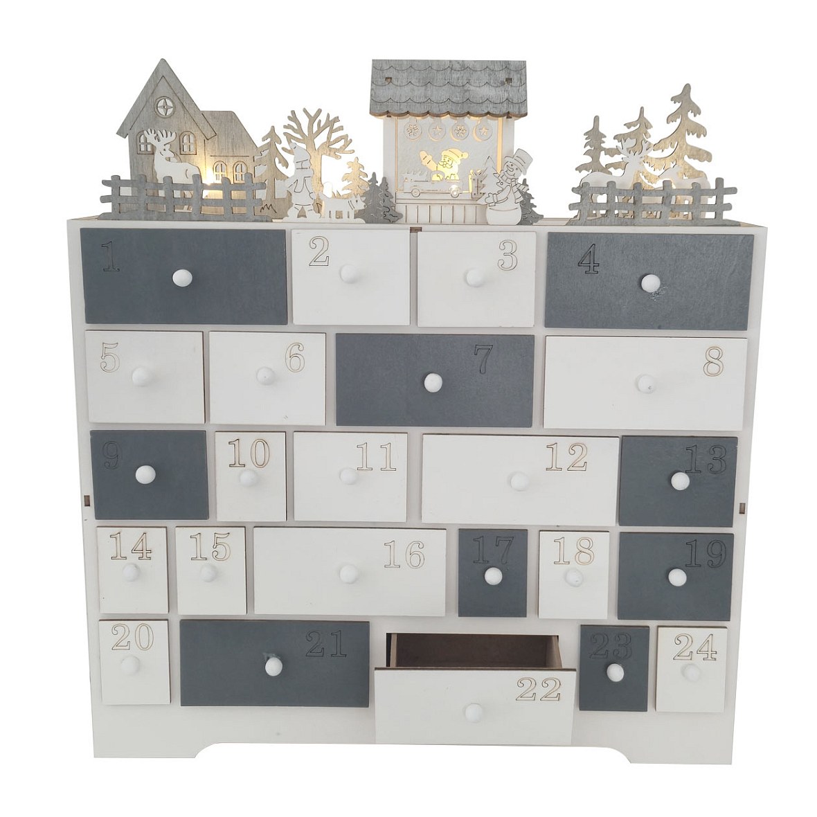 Calendrier de l'Avent à LED, petite maison et petits animaux, en bois, 37 × 40 × 11 cm, blanc et gris, fonctionne avec 2 piles AA