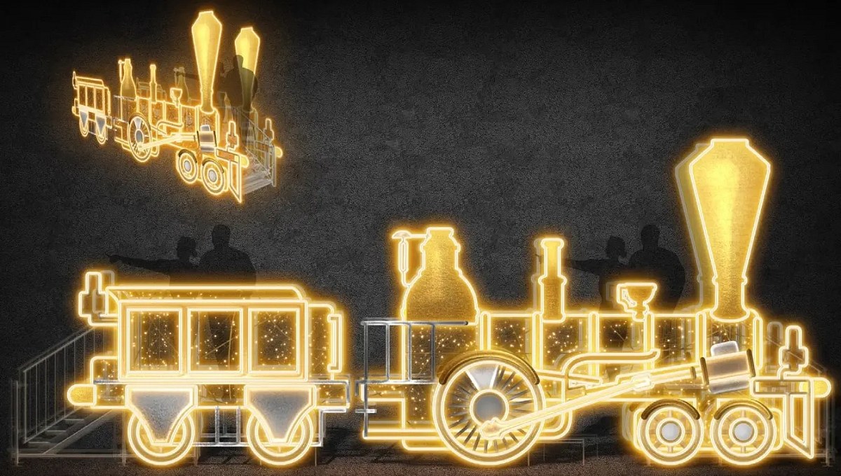 Eco Fix Locomotive lumineuse à LED 3D, 830 × 330 × 80 cm, blanc chaud, sur pied, aluminium