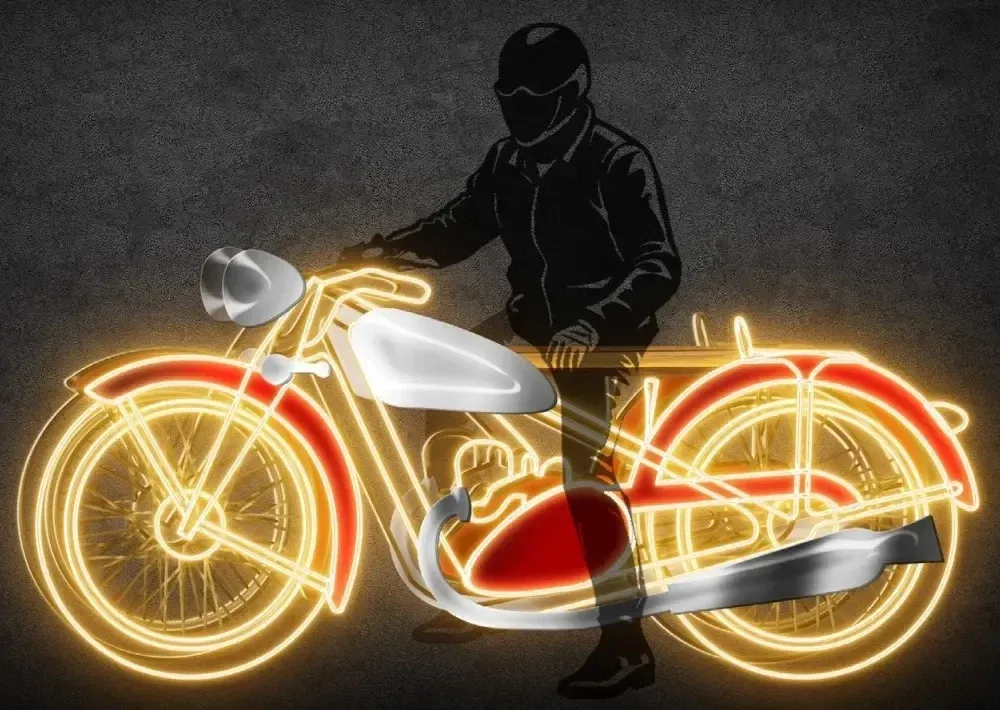 Eco Fix 3D LED Motorcycle Light, 240 × 115 × 99 cm, blanc chaud, sur pied, aluminium