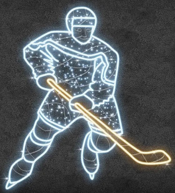 Joueur de hockey à lumière 2D, 189 × 209 cm, blanc chaud et glacé, debout, impression 3D