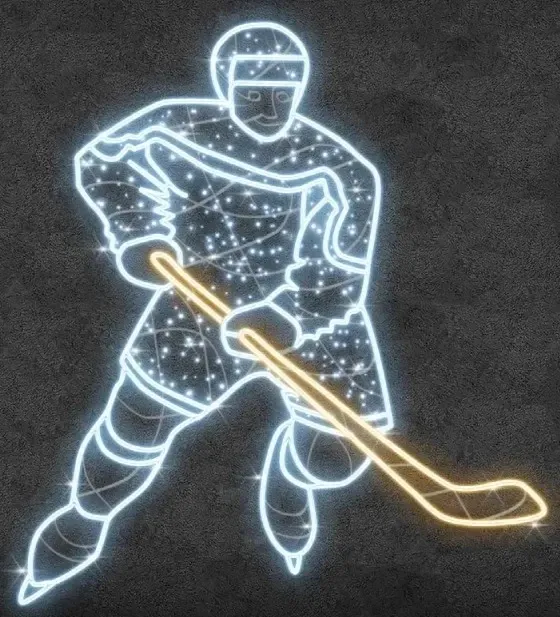 Joueur de hockey à lumière 2D, 189 × 209 cm, blanc chaud et glacé, debout, impression 3D