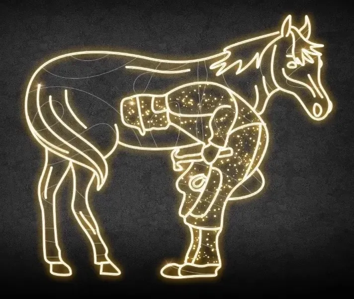 Eco Fix Figurine lumineuse 2D LED d'un palefrenier et d'un cheval, 250 × 213 × 60 cm, blanc chaud, debout, impression 3D