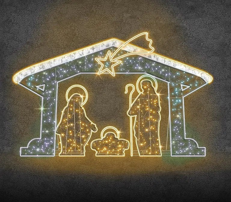 Crèche Eco Fix 2D LED, 475 × 300 cm, blanc chaud et glacé, sur pied, imprimée en 3D, aluminium