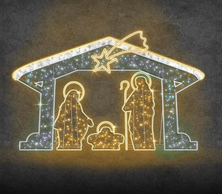 Crèche Eco Fix 2D LED, 475 × 300 cm, blanc chaud et glacé, sur pied, imprimée en 3D, aluminium