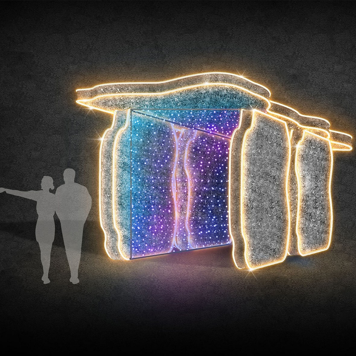 Tunnel lumineux LED 3D, Carlingford, 260 × 280 × 450 cm, blanc chaud et scintillant, aluminium