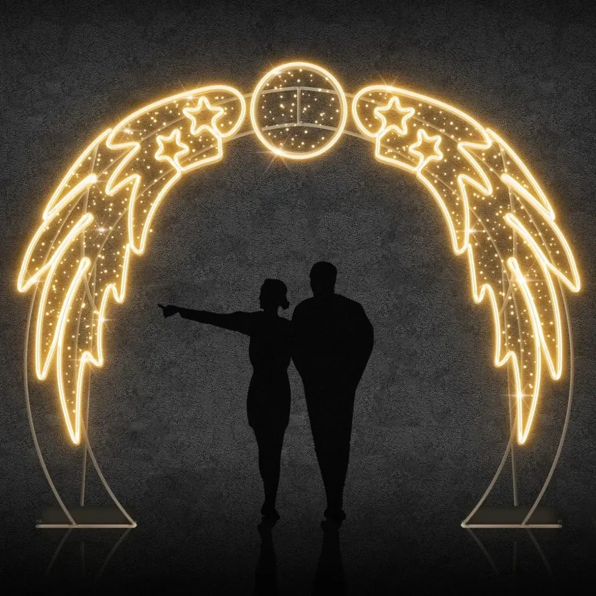 Eco Fix 2D LED Angel wing light, 315 × 280 cm, blanc chaud avec effet Flash, sur pied, aluminium
