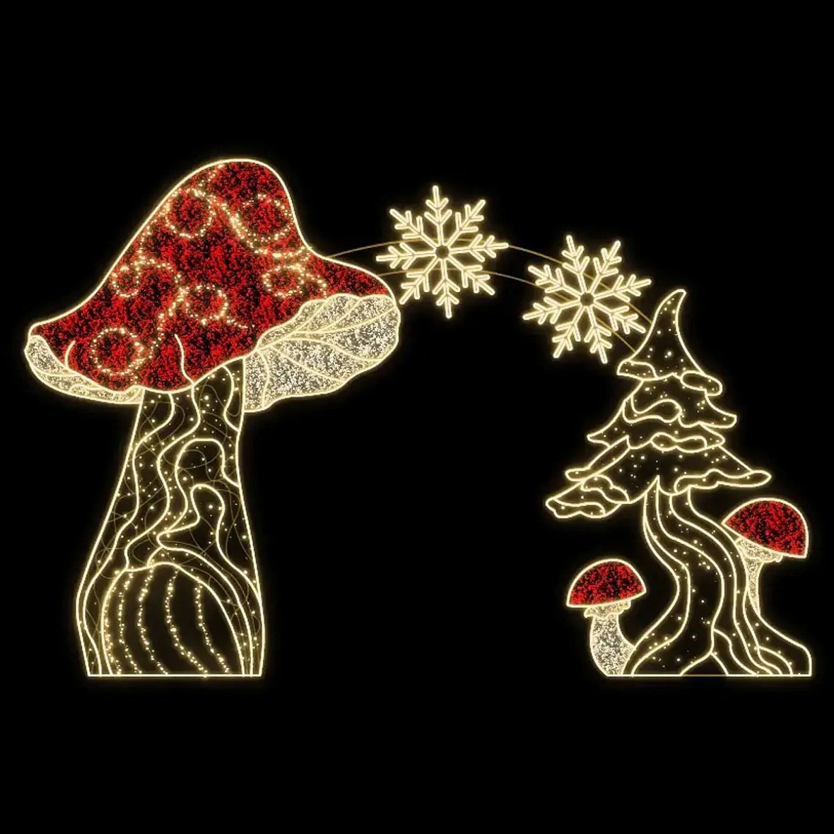 Eco Fix 2D : portique lumineux LED « amanite », « arbre » et « flocons de neige », modèle sur pied 610 × 400 cm, blanc chaud, aluminium