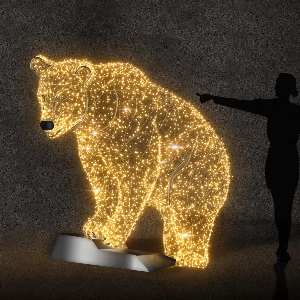 Ourson 3D LED sur rocher, 200 × 215 cm, blanc chaud, aluminium