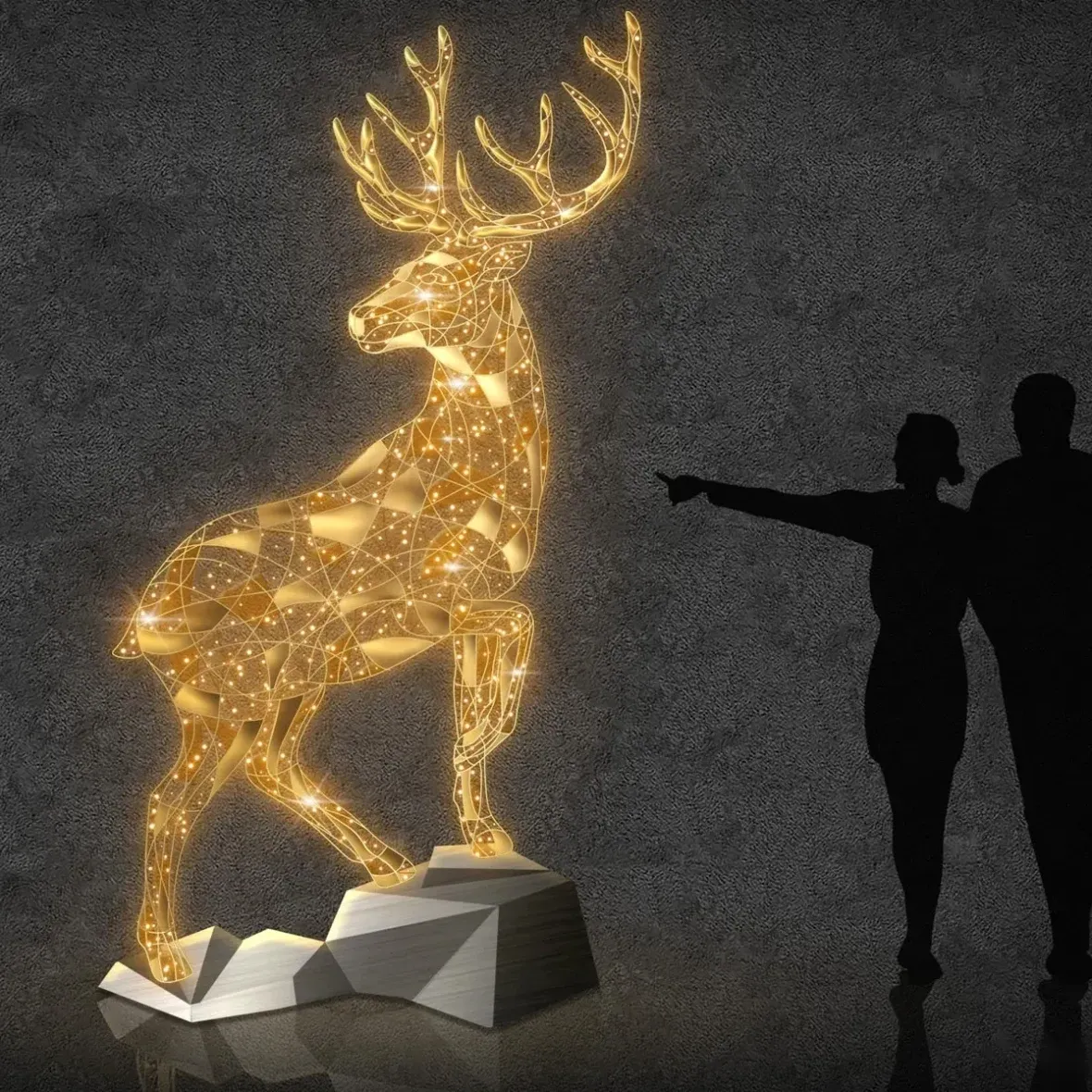 Cerf lumineux 3D LED sur un rocher 220 × 330 × 120 cm, blanc chaud, 36 V, 37 W, 59,4 kg, en 3 parties