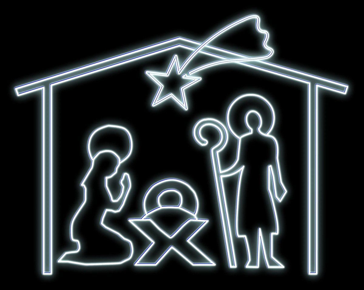 Crèche Easy Fix 2D LED, Père Noël, Marie et Joseph dans l'étable avec comète, 250 × 400 cm, blanc glacier, sur pied, aluminium